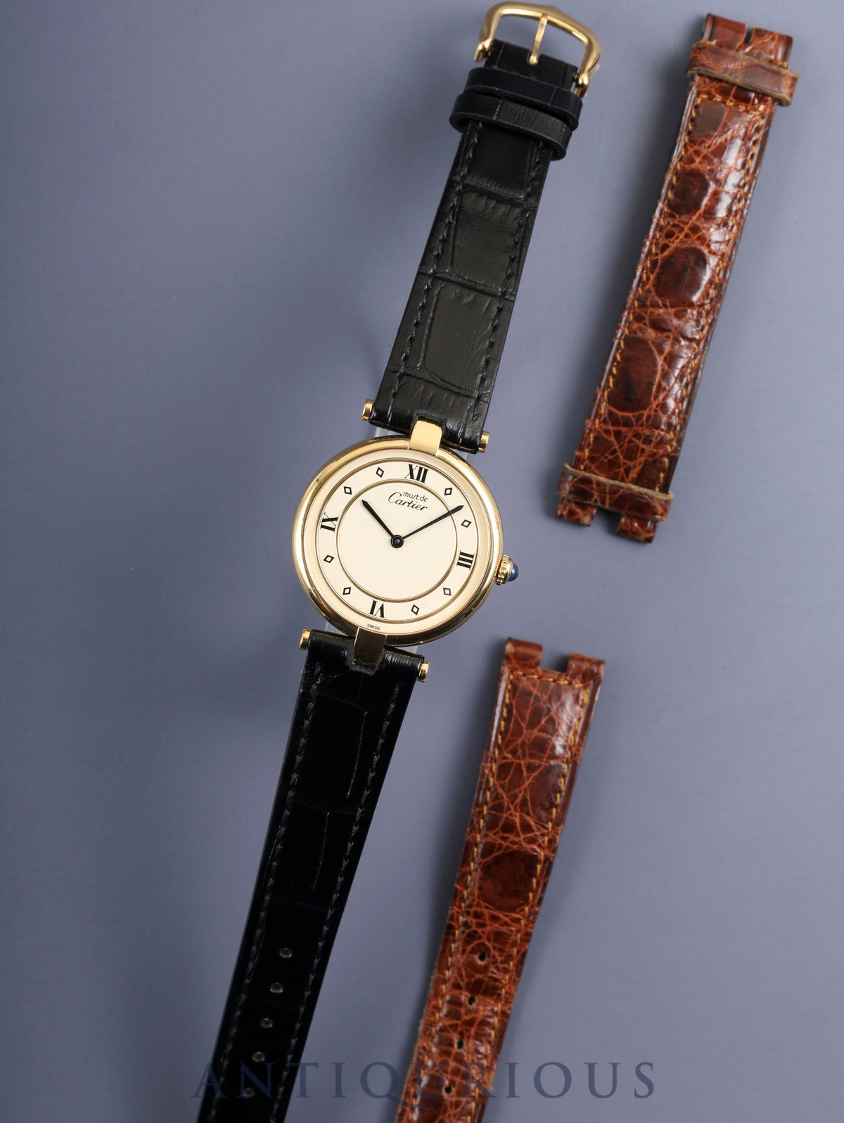 Cartier Must Vendôme VLC LM W1001953 / 590003 Quartz Caliber 90 SV925 Leather Strap with Genuine Pin Buckle (GP) Ivory 4-Point Roman Dial Overhauled