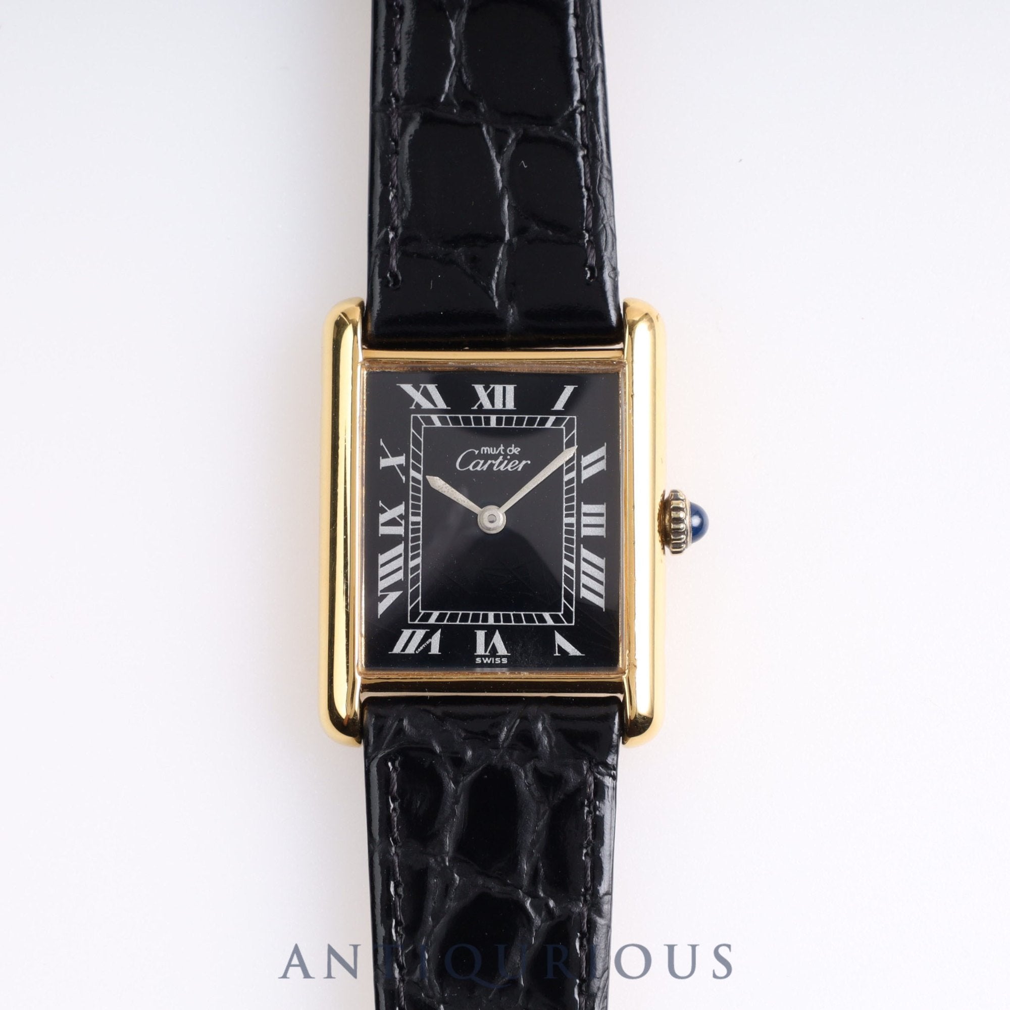 CARTIER Must Tank LM Manual Winding SV Leather Black Roman Dial