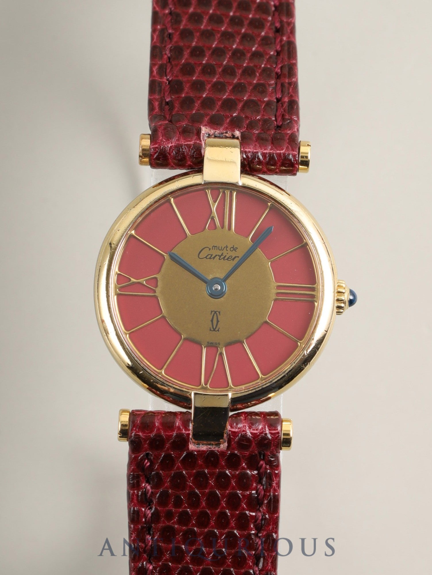 カルティエ マスト ヴァンドーム VLC SM 18 クォーツ Cal.690 SV925 革 純正ピンバックル（GP）ガーネットクロワゾネ文字盤（SWISS表記） オーバーホール済み