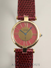 カルティエ マスト ヴァンドーム VLC SM 18 クォーツ Cal.690 SV925 革 純正ピンバックル（GP）ガーネットクロワゾネ文字盤（SWISS表記） オーバーホール済み