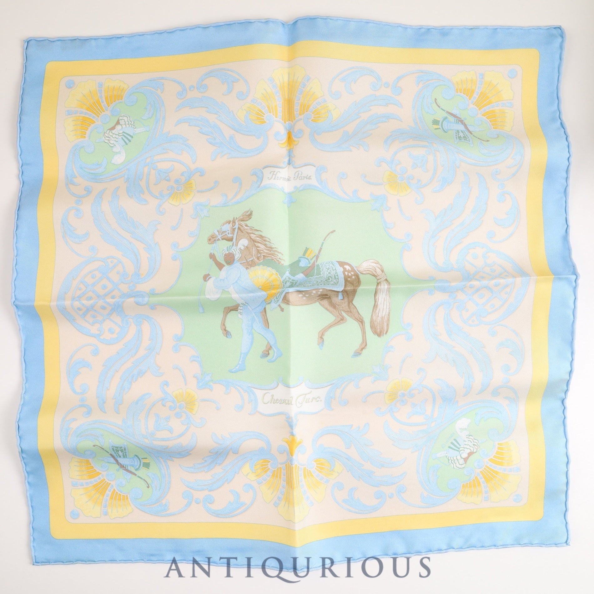 Hermes Scarf Carre 45 CHEVAL TURC Turkish Horse Light Blue Box 100% SILK