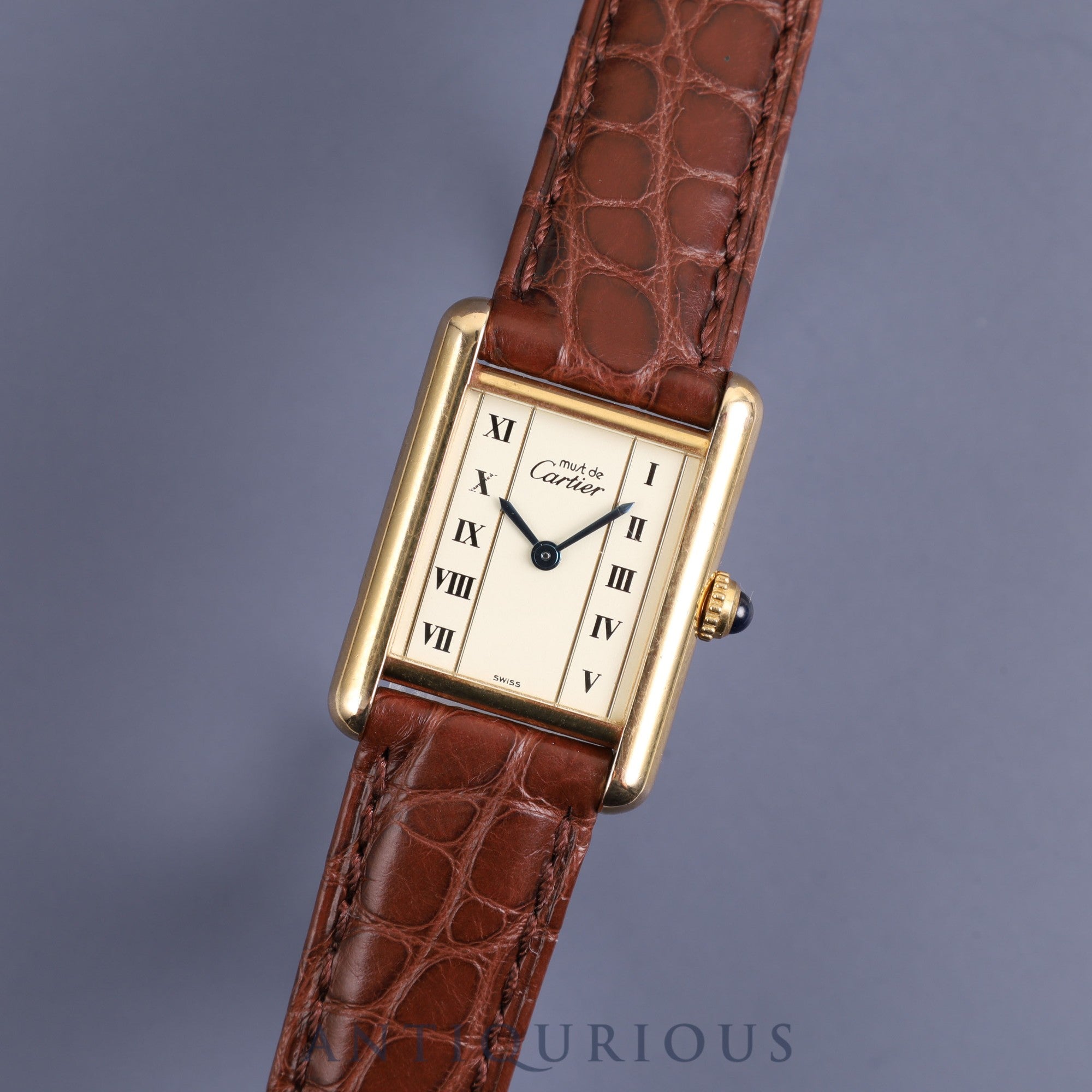 Cartier Must Tank SM1613 Quartz Cal.057 SV925 Leather Genuine Buckle (GP) Straight Roman Dial Overhauled