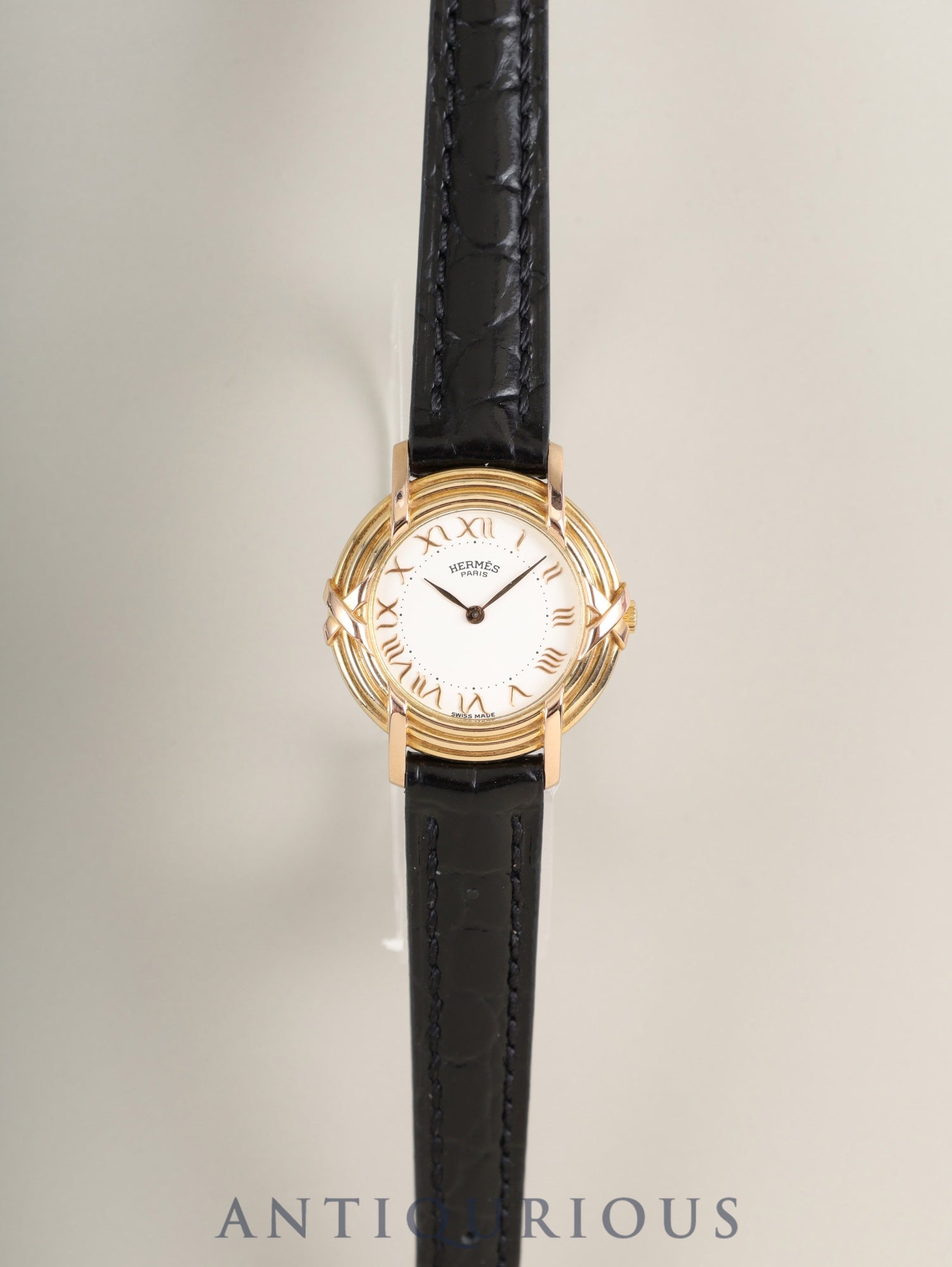 エルメス ルバン 06.32 クォーツ Cal.976.001 750YG 革 純正ピンバックル（GP）ホワイトローマン文字  オーバーホール済み