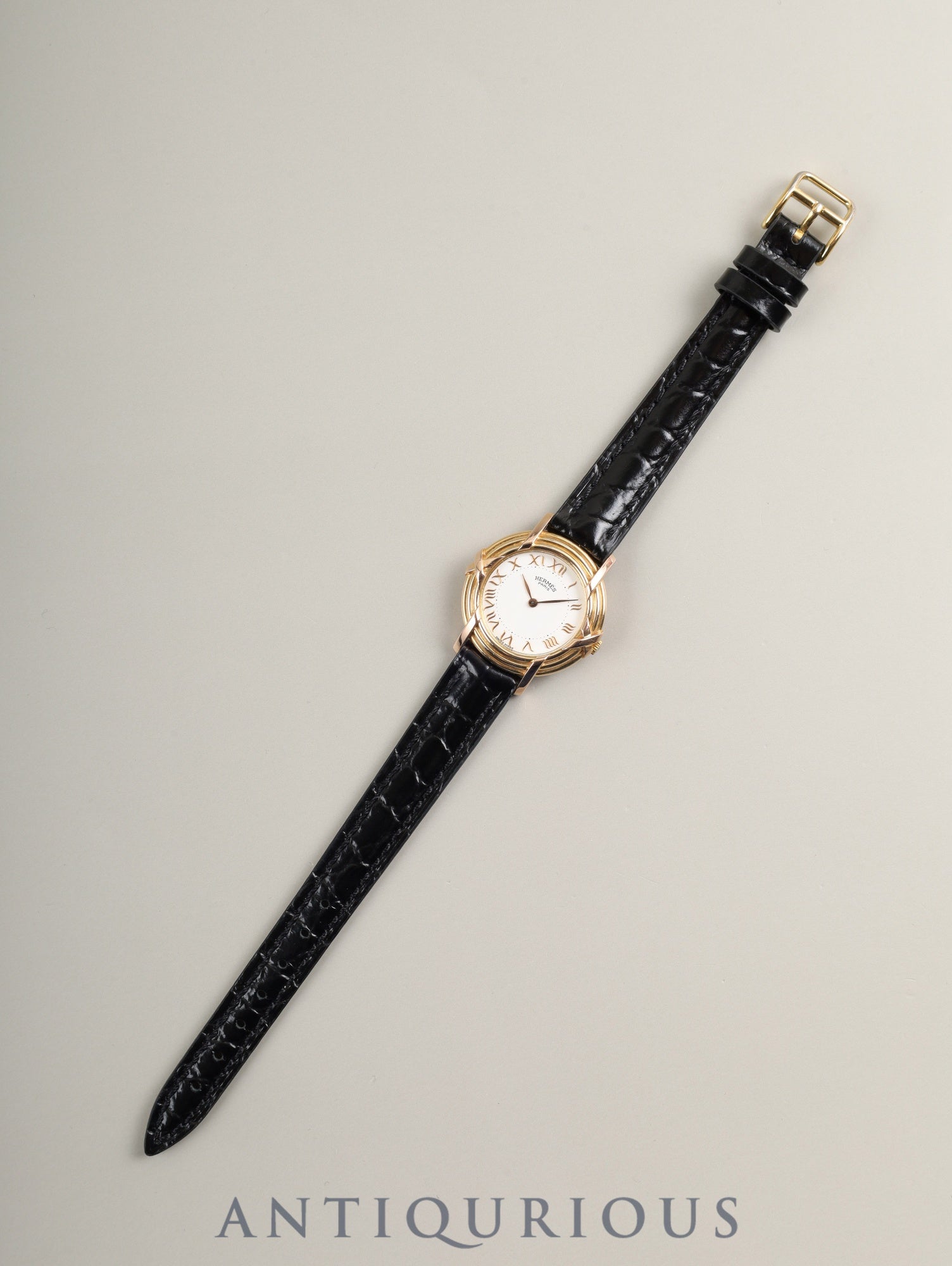 エルメス ルバン 06.32 クォーツ Cal.976.001 750YG 革 純正ピンバックル（GP）ホワイトローマン文字  オーバーホール済み