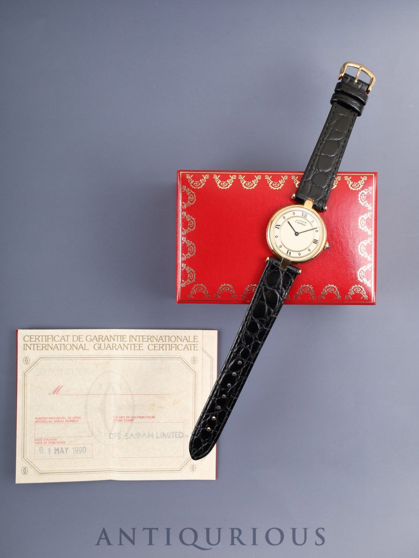 Cartier Must Vendome VLC LM 590003 Quartz Cal.90 SV925 Leather Original Pin Buckle (GP) Ivory 4-Point Roman Dial (SWISS marking) Box, Booklets, Warranty Card (1990) Overhauled