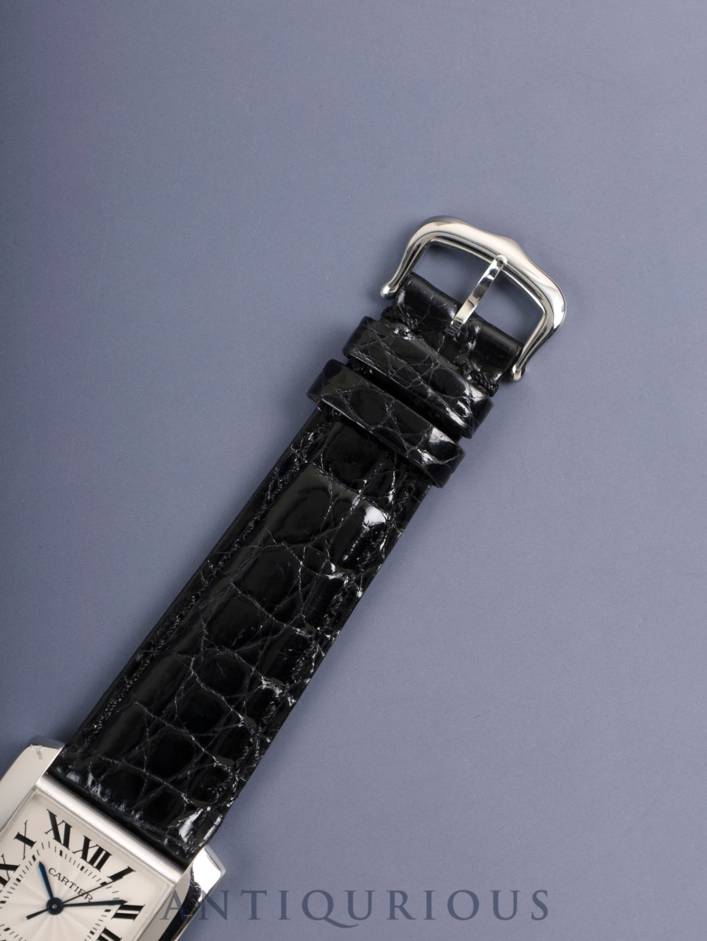 Cartier Tank Française LM W50011S3 / 2366 Automatic Cal.- 750WG Leather Original pin buckle (SS) Silver guilloché Roman numerals Overhauled
