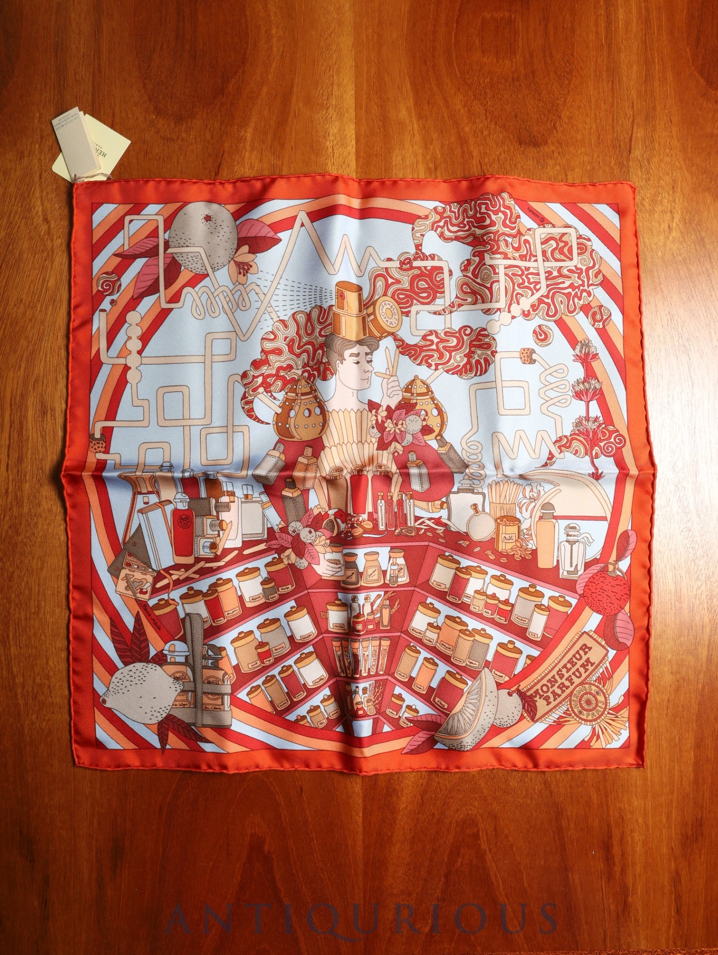 エルメス スカーフ カレ45 MONSIEUR PARFUM ルージュブリック SILK100% 箱 紙タグ