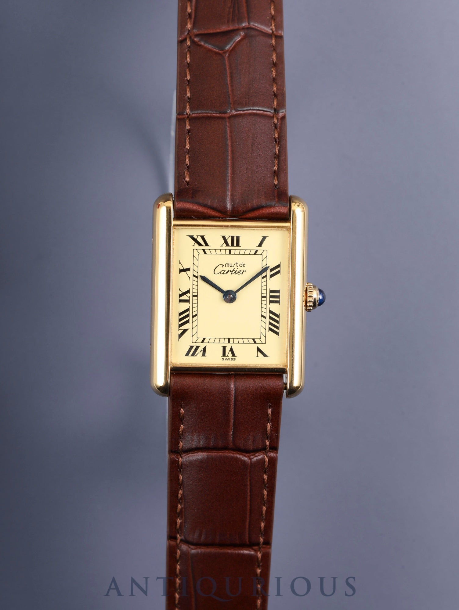Cartier Must Tank LM W1002754 / 590005 Quartz Caliber 90 SV925 Leather Strap with Genuine D-buckle (GP) Ivory Roman Dial (SWISS Marking) Circa 1982-1995 Box Overhauled