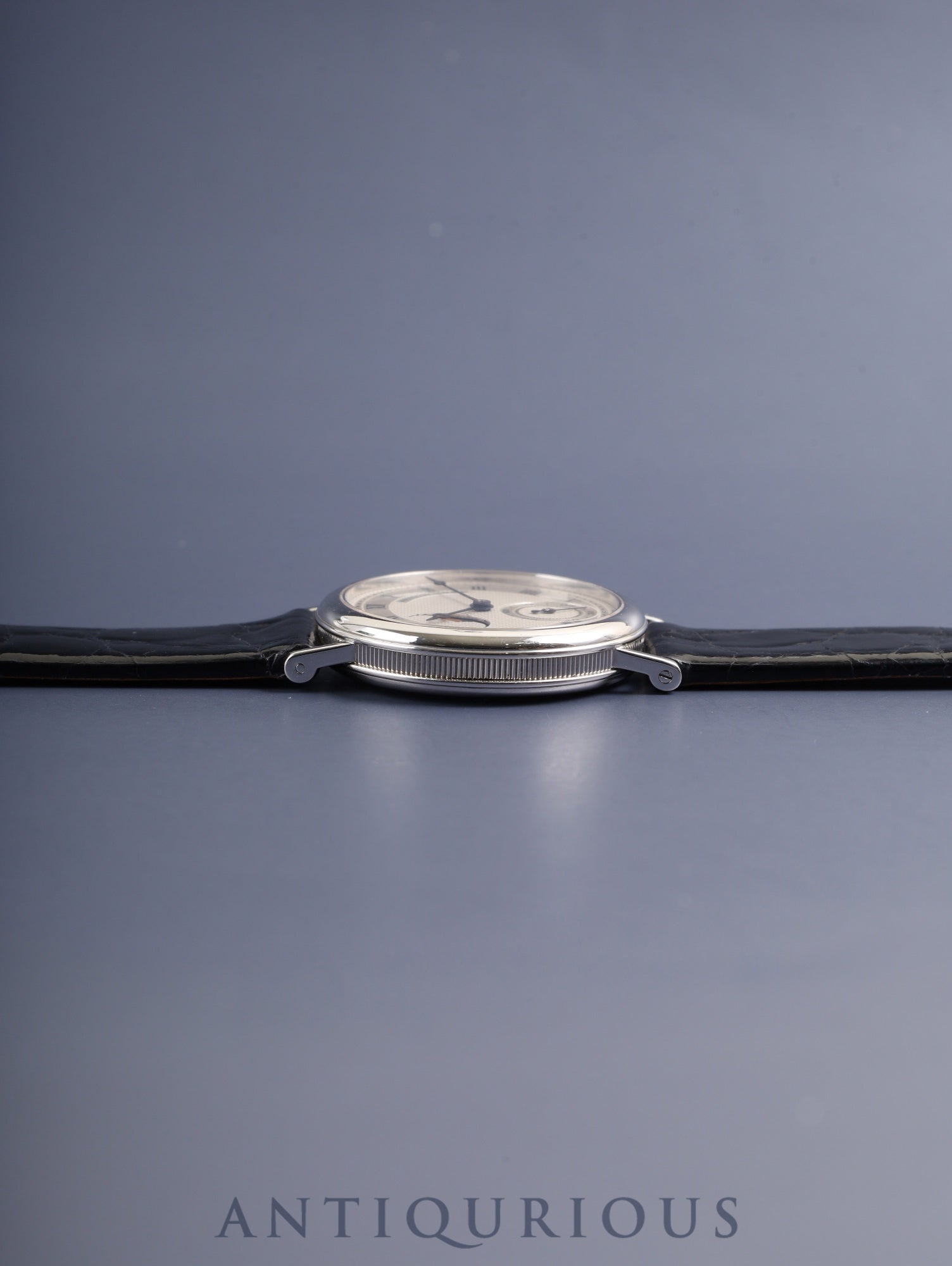 Breguet Crackle Moonphase 3280BB, manual winding, Cal. 818/4, 750WG, leather strap, original pin buckle (750WG), silver Roman numeral dial, box, recently overhauled.