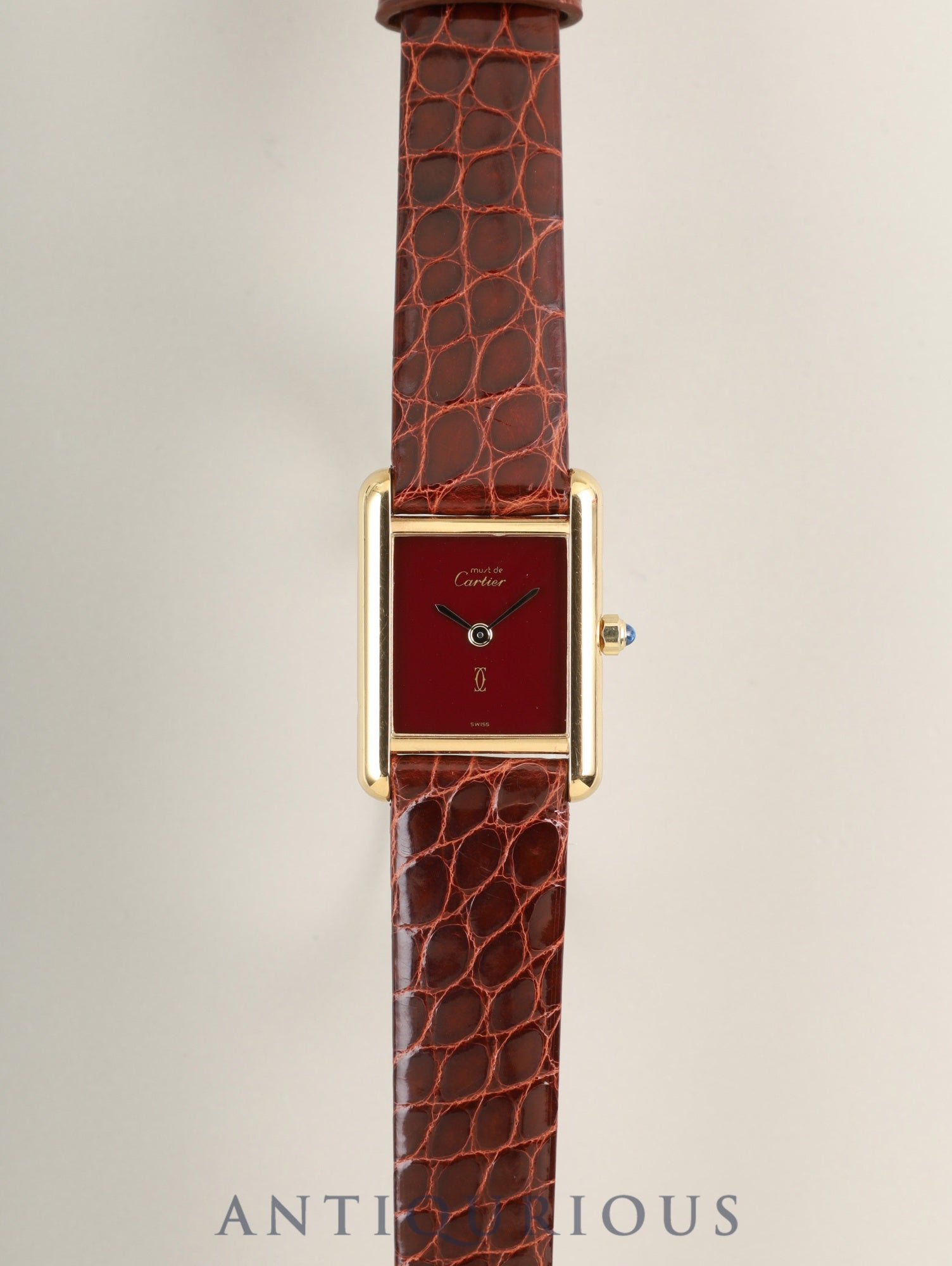 カルティエ マストタンク SM 366001 クォーツ SV925 革 純正ピンバックル（GP）ガーネットダイアル・ボルドー文字盤（SWISS表記）カルティエブティックにてコンプリートサービス（フルメンテナンス）済み