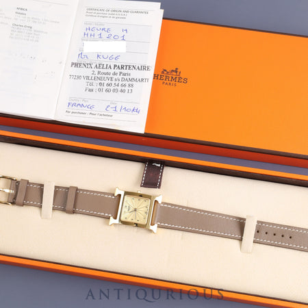 Hermes H Watch HH1.201 Quartz GP Genuine Leather Strap Gold Dial Box Warranty (2004) Overhauled