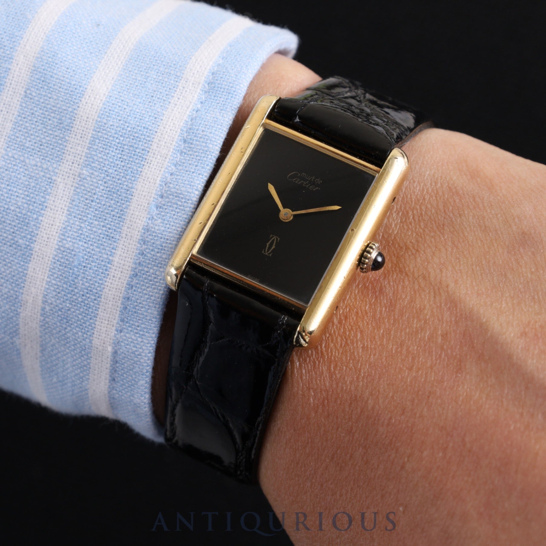 Cartier Must Tank LM Manual winding Cal.78-1 SV925 Leather Genuine buckle (GP) Onyx dial Overhauled