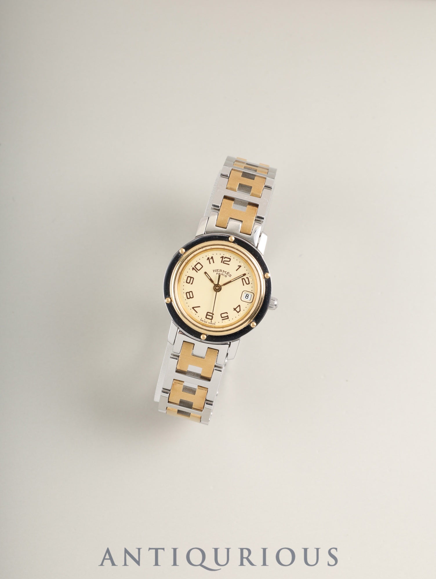 エルメス クリッパー CL4.220 クォーツ Cal.- SS/GP SS/GP  アイボリー文字盤 箱 保証書（1998年）オーバーホール済み