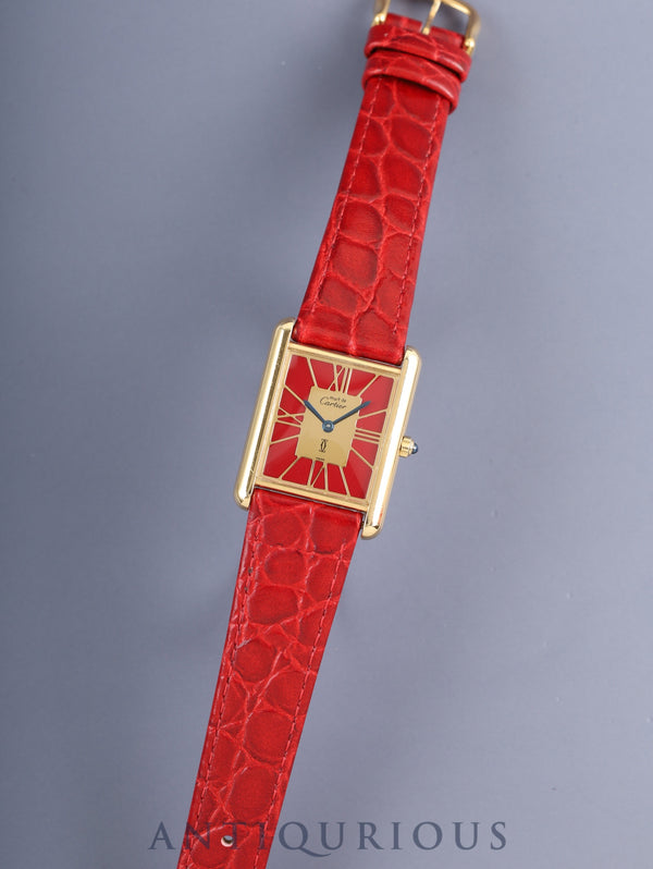 カルティエ マストタンク LM 6 81006 クォーツ Cal.81 SV925 革 純正ピンバックル（GP）ガーネットクロワゾネ文字盤（SWISS表記）箱 タグ オーバーホール済み