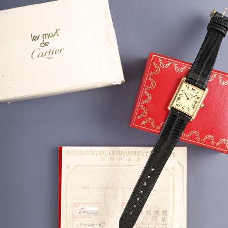 カルティエ マストタンク LM 590005 クォーツ  Cal.90 SV925 革 純正ピンバックル（GP）アイボリーローマン文字盤（SWISS表記）箱 冊子 保証書（1987年） オーバーホール済み