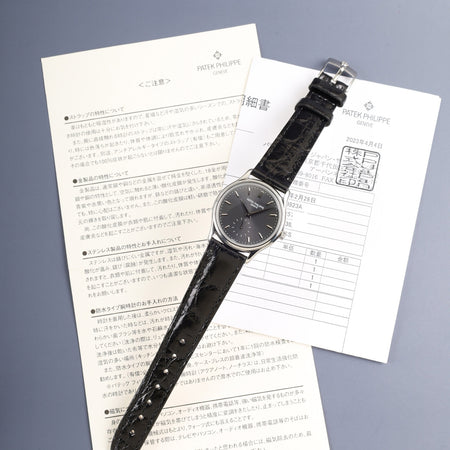パテック・フィリップ カラトラバ 3923A 手巻き Cal.215 SS 革 純正ピンバックル（SS）グレー文字盤 1987年 修理明細 パテックフィリップにて修理済み