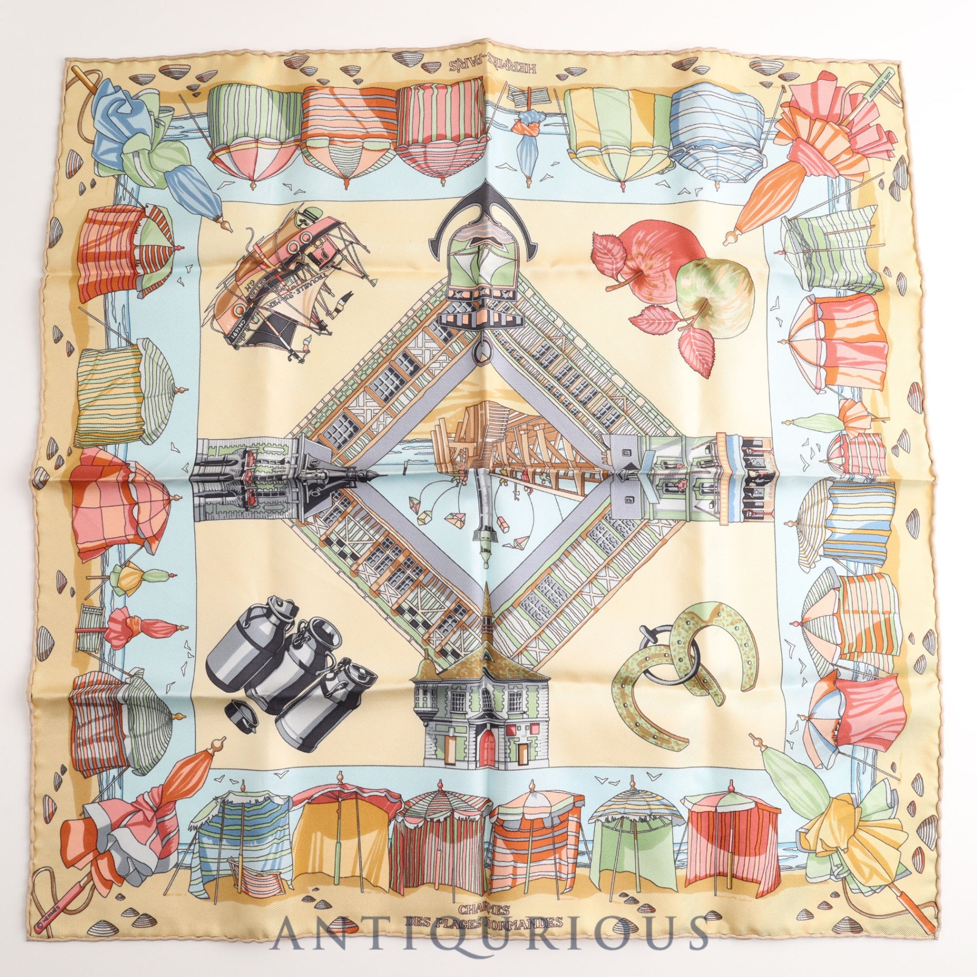 HERMES Scarf CARRES45 CHARMES DES PLAGES NORMANDES The charm of the Normandy coast 100% SILK