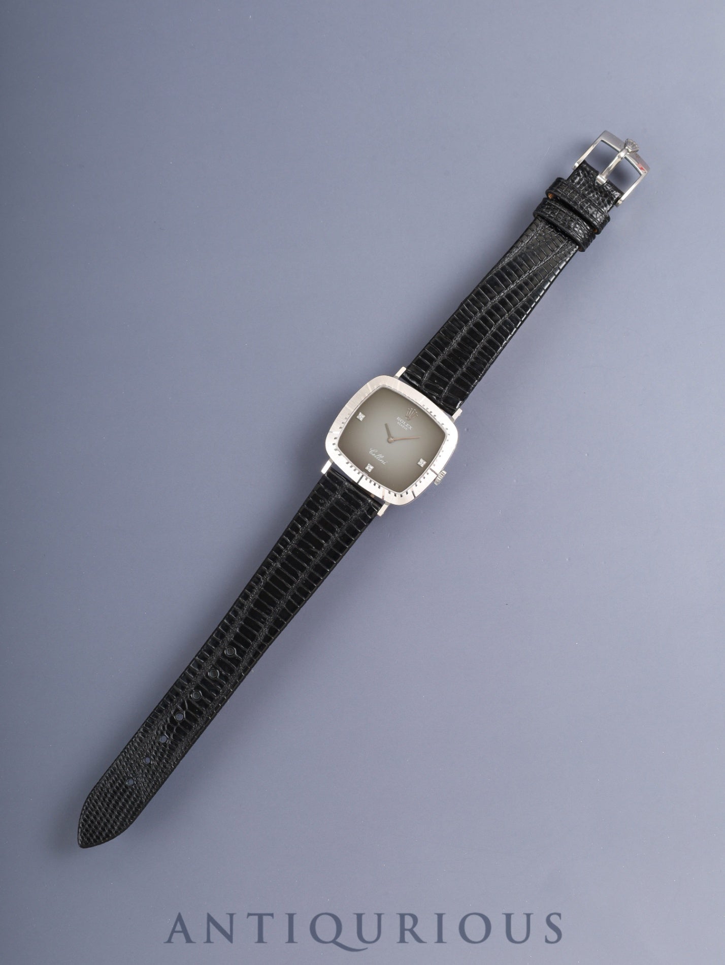 ロレックス チェリーニ 4084 手巻き Cal.1601 革 750WG 純正ピンバックル（SS）グレー3Pダイヤ文字盤 43番台（1975年）箱 保証書（1990年）オーバーホール済み