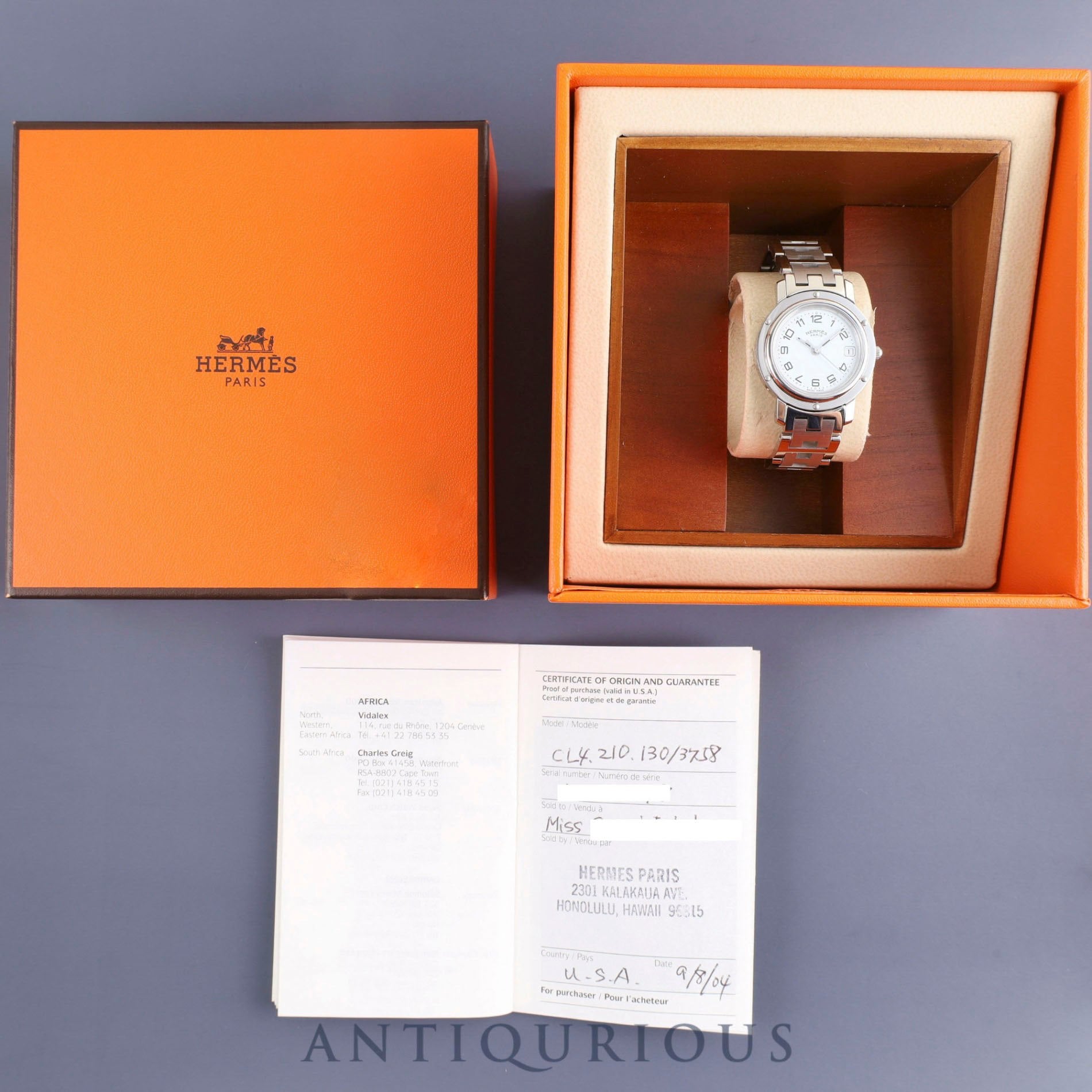 Hermes Clipper CL4.210 Quartz Cal.V8 SS SS White Arabic Dial Box Warranty (2009) Overhauled