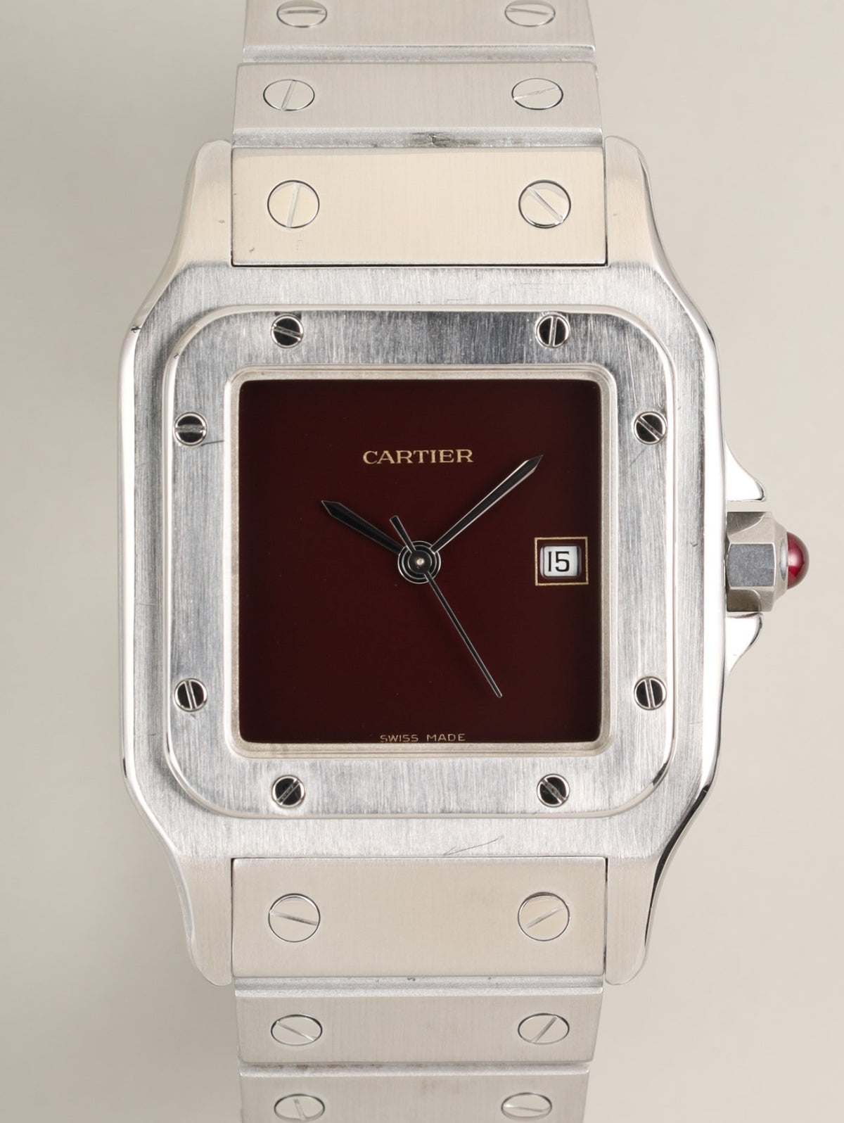 カルティエ サントス カレ LM 2960 自動巻き SS SS ガーネットダイアル ボルドー文字盤 （SWISS MADE表記）カルティエブティックにてコンプリートサービス済み