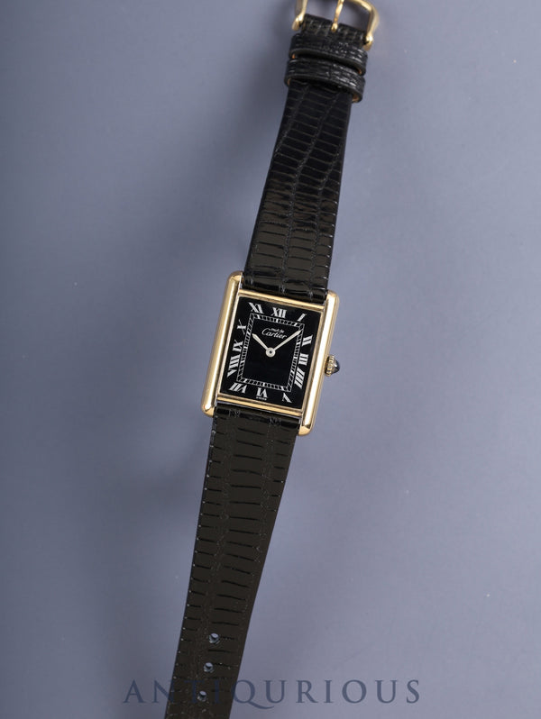 Cartier Must Tank LM Manual Winding Caliber ETA2512 SV925 Leather Strap with Genuine GP Buckle, Black Roman Dial (SWISS Marking), Overhauled