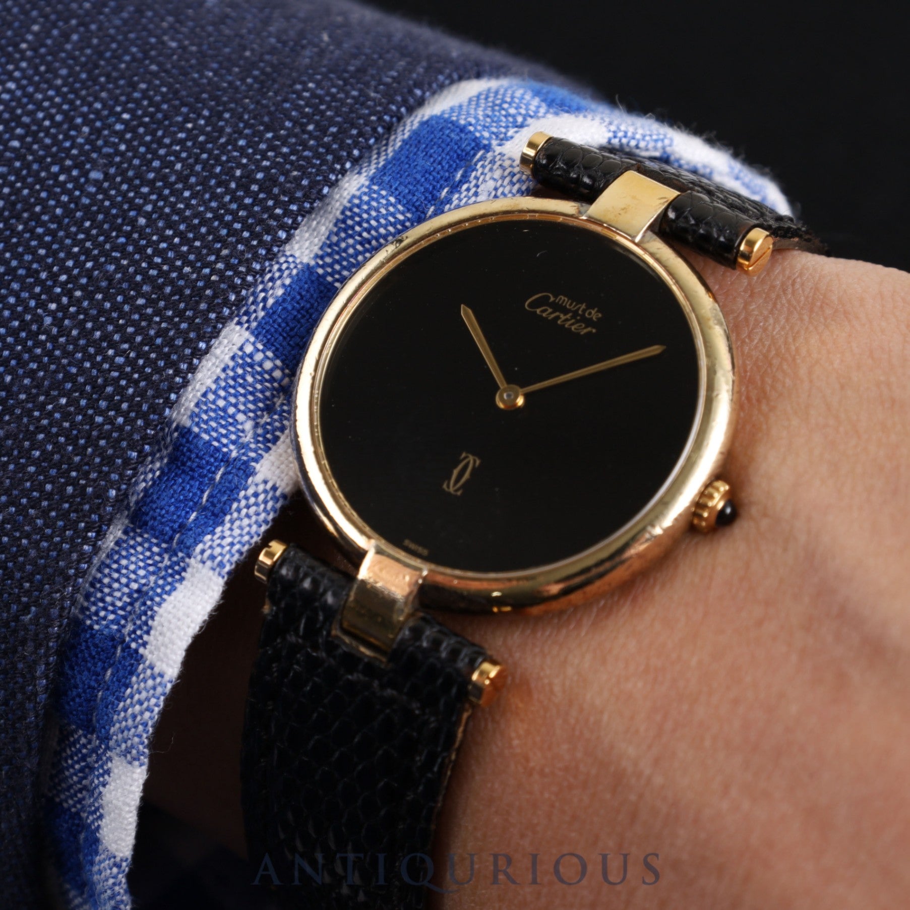 Cartier Must Vendome VLC LM Quartz 925 Leather Genuine Buckle (GP) Onyx Dial International Lifetime Warranty (1981/S56 Personal name included) Complete service completed at Cartier boutique