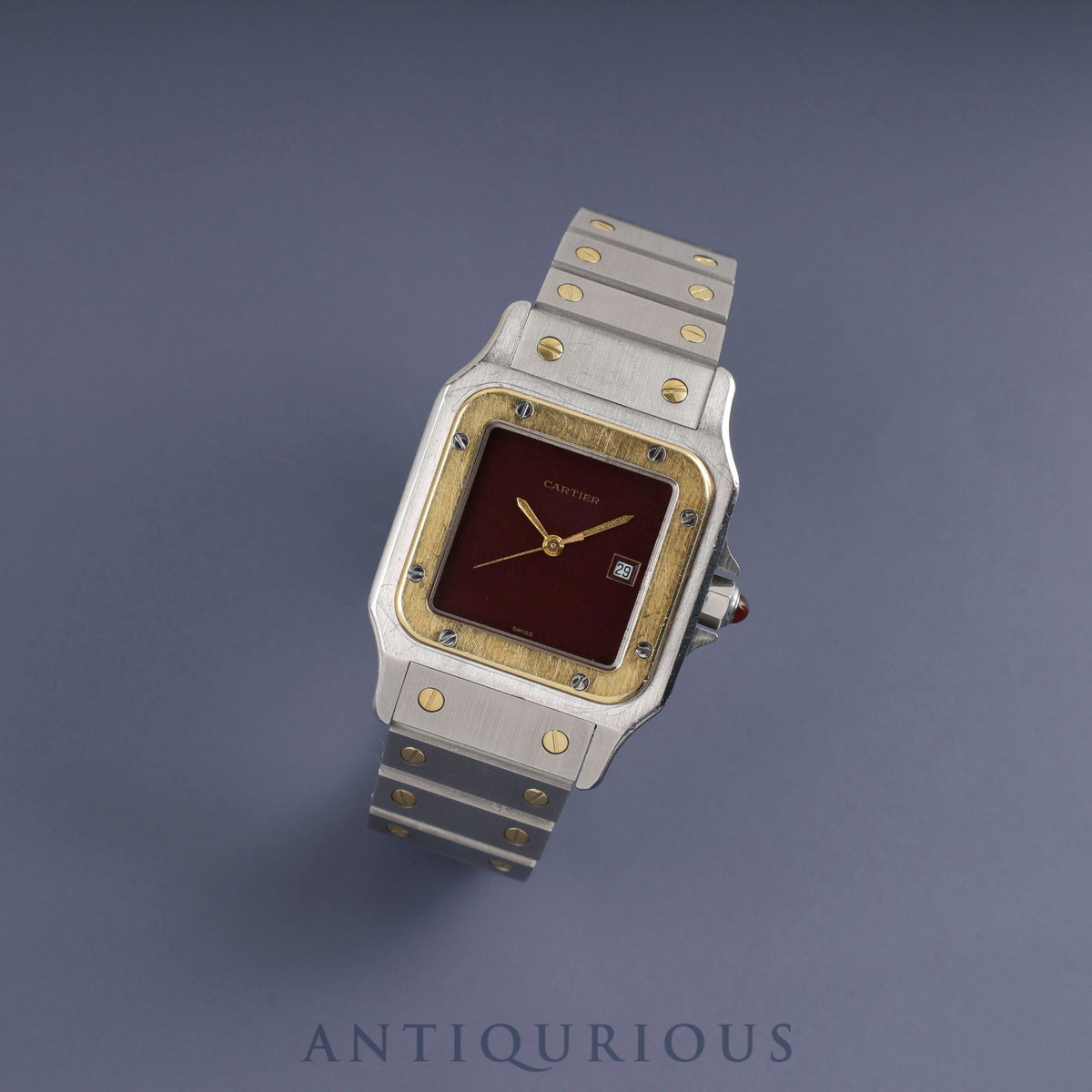 Cartier Santos Carre LM 2961 Automatic Caliber 2671 Stainless Steel/Yellow Gold with Garnet and Bordeaux Dials, Overhauled