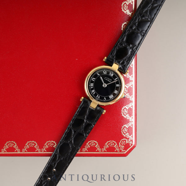Cartier Must Vendôme VLC SM 18 Quartz Cal.81 SV925 Leather Strap with Genuine GP Buckle, Black Roman Dial, Box, Overhauled