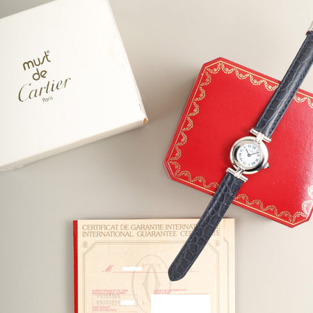 カルティエ マストコリゼ W1001665 / 690002 クォーツ Cal.90.06 SV925 革 純正Dバックル（SS） ホワイトローマン文字盤 箱 冊子 保証書（個人名記載あり）オーバーホール済み