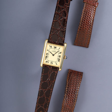 カルティエ マストタンク LM 手巻き Cal.78-1 SV925 革 純正ピンバックル（GP） アイボリーローマン文字盤（SWISS表記）オーバーホール済み