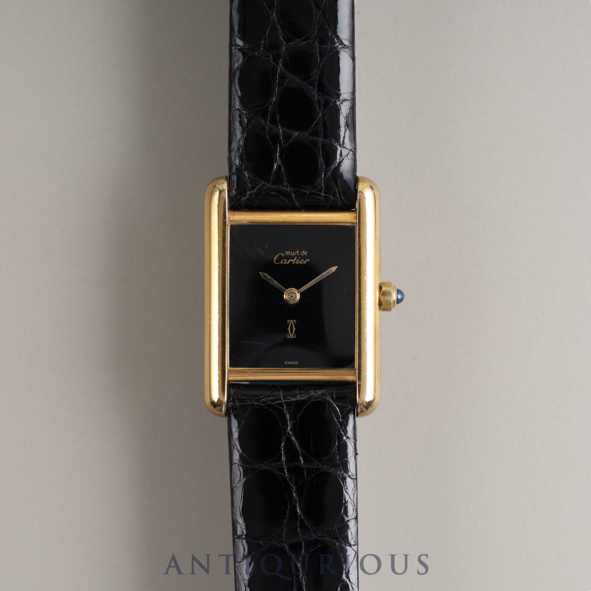 Cartier Must Tank SM QZ 3 66001 925 Leather Genuine Buckle (GP) Black Onyx Dial Box Warranty (1986) Overhauled