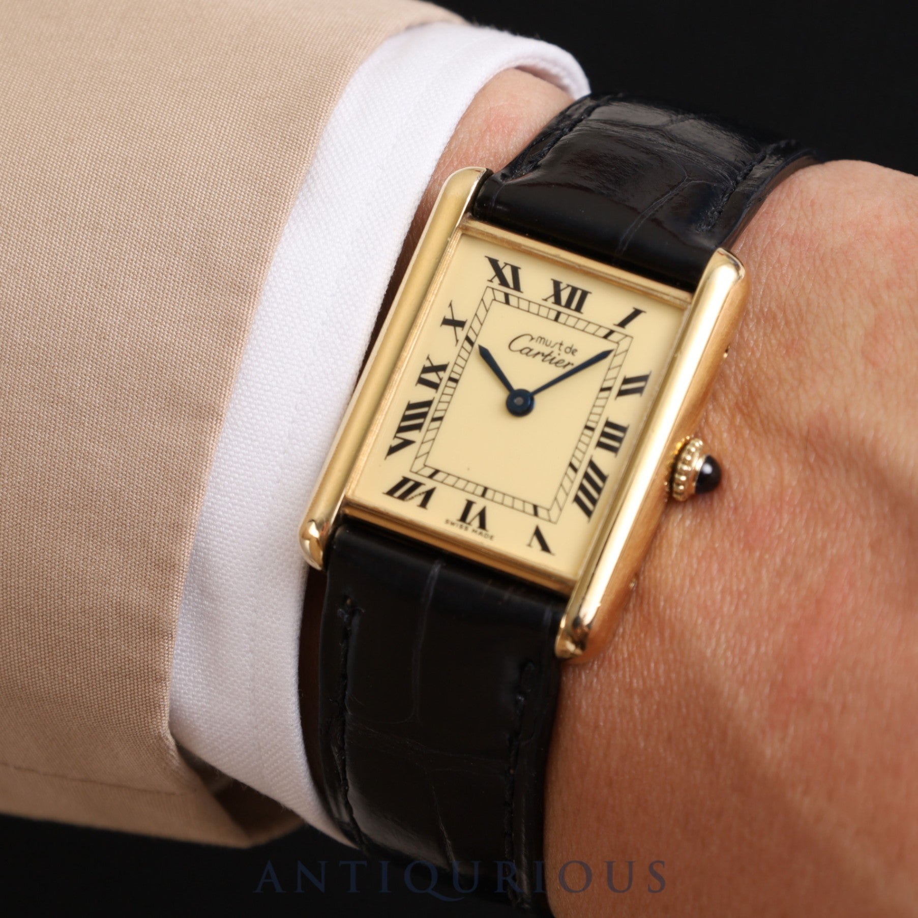 CARTIER カルティエ MUST TANK LM マストタンク LM 81974053 手巻き Cal.78-1 SV925 革 純正尾錠（GP）アイボリーローマン文字盤 1976年頃～1980年代初期頃 オーバーホール済み