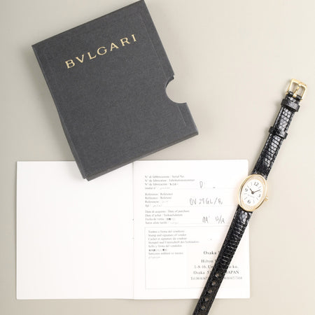 Bvlgari Oval OV27G Quartz Cal.MVE065-MBBB 750YG Leather Original Pin Buckle (750YG) White / Diamond Dial (SWISS MADE) Booklet Warranty (1999) Overhauled