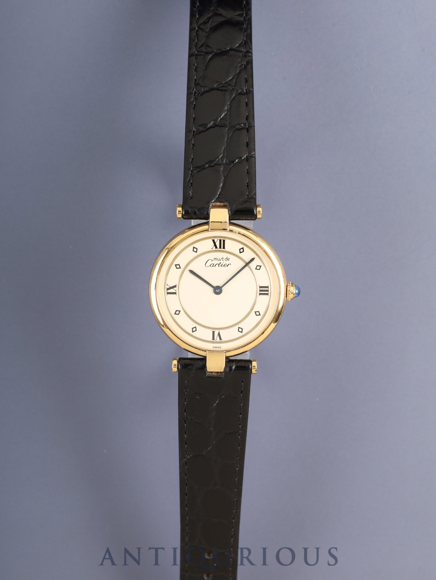 カルティエ マスト ヴァンドーム VLC LM 590003 クォーツ Cal.90 SV925 革 純正尾錠（GP）アイボリー4点ローマン文字盤 箱 保証書（1993年）オーバーホール済み