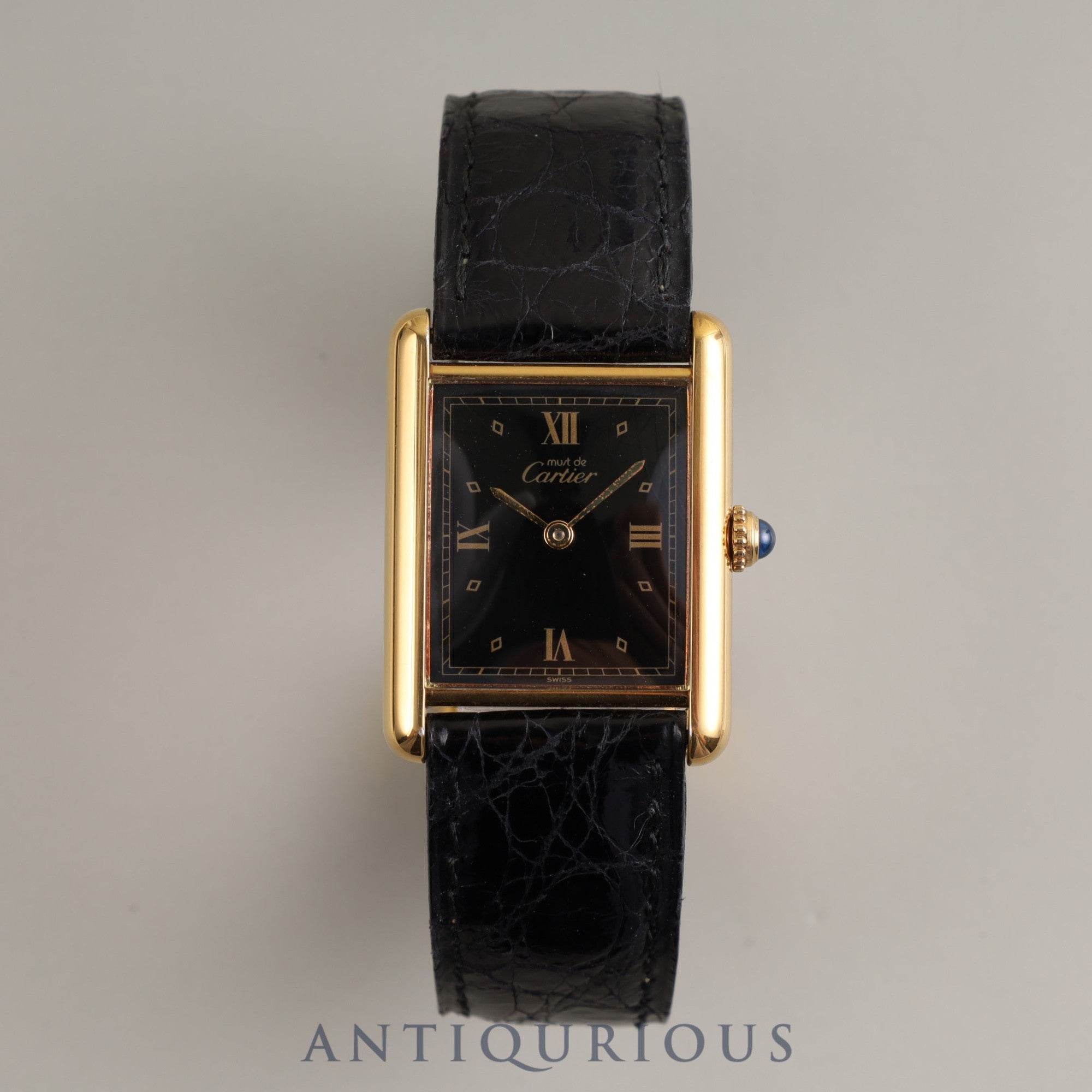 Cartier Must Tank LM QZ 590005 925 Genuine Leather Strap Genuine Buckle (GP) Black Roman Dial