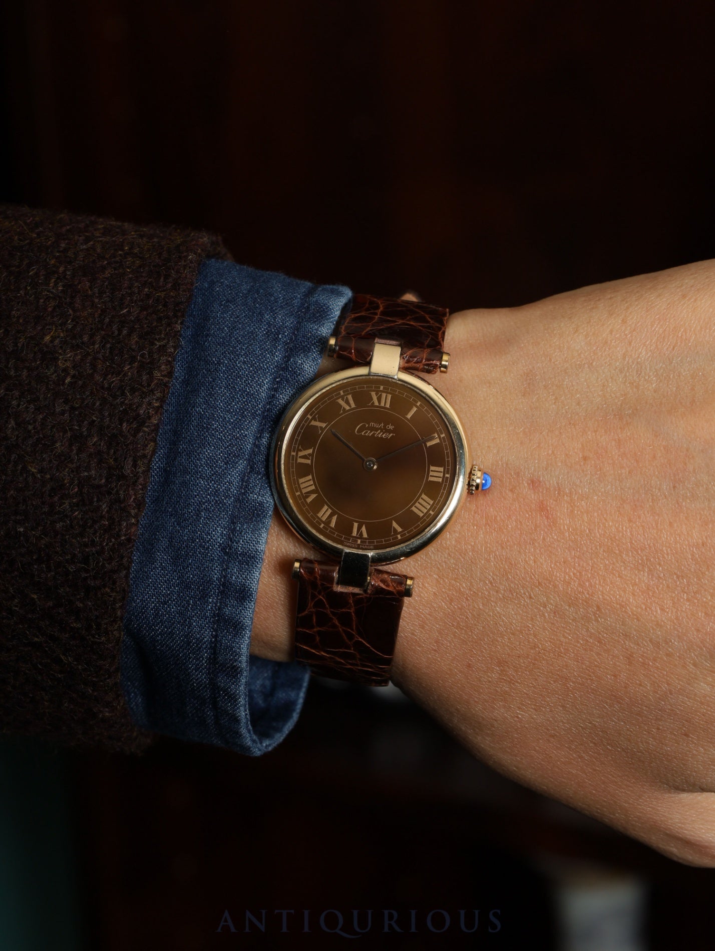 カルティエ マスト ヴァンドーム VLC LM 17 クォーツ SV925 革 純正尾錠（GP）マホガニー文字盤 保証書（1982年） カルティエブティックにてコンプリートサービス済み