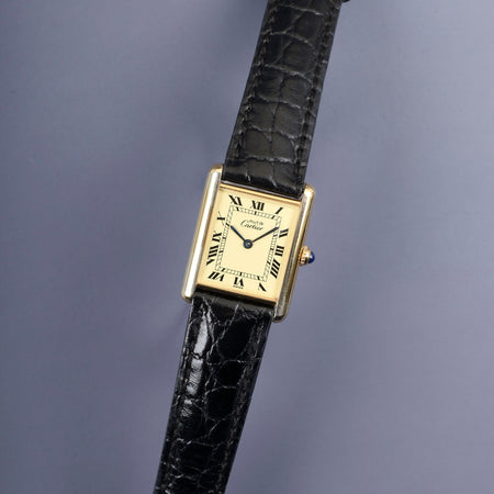 カルティエ マストタンク LM 590005 クォーツ Cal.90 SV925 革 純正尾錠（GP）アイボリーローマン文字盤（SWISS表記）オーバーホール済み