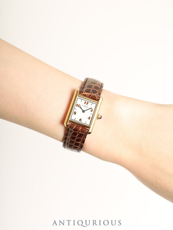 Cartier Must Tank SM 5057001 Quartz Caliber 057 SV925 Leather Strap with Genuine D-buckle (GP) Arabic CC Dial (SWISS Marking) Box, Warranty Card, Overhauled