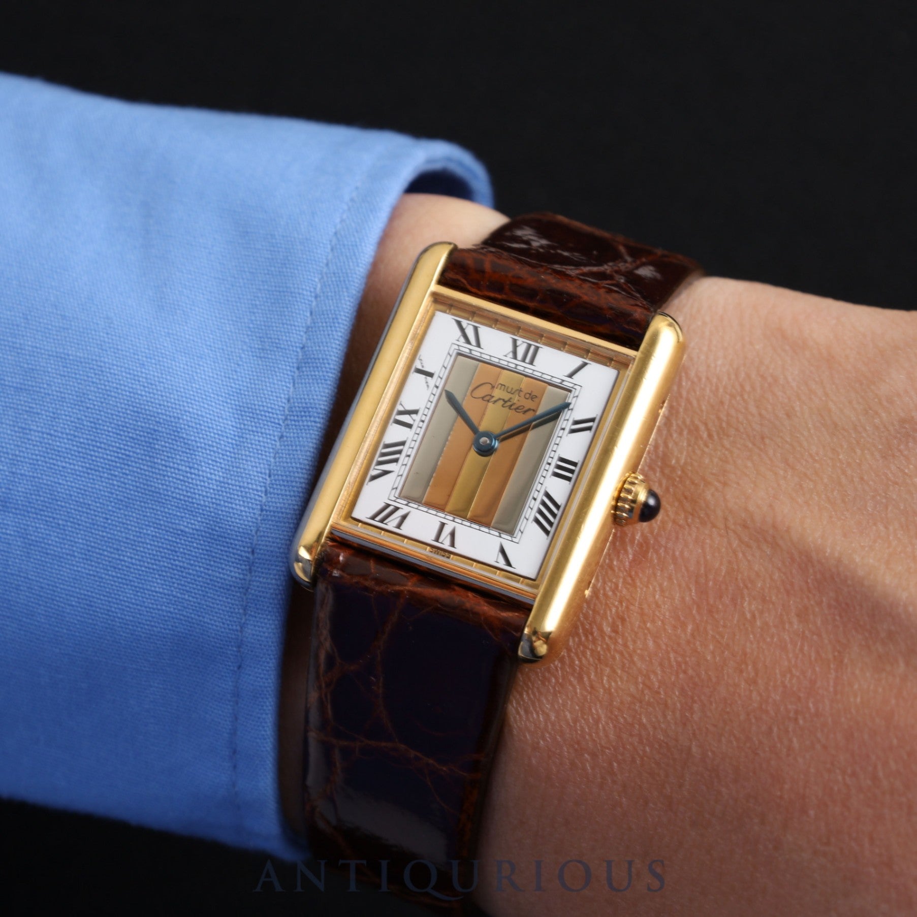 CARTIER カルティエ MUST TANK LM マストタンク LM 590005 クォーツ Cal.90 SV925 革 純正尾錠（GP）フロントトリニティ文字盤 オーバーホール済み