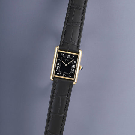 CARTIER カルティエ MUST TANK LM マストタンク LM 6 手巻き Cal.78-1 SV925 革 純正ピンバックル（GP）ブラックローマン文字盤（SWISS表記 ）1976年頃～1980年代初期頃 オーバーホール済み
