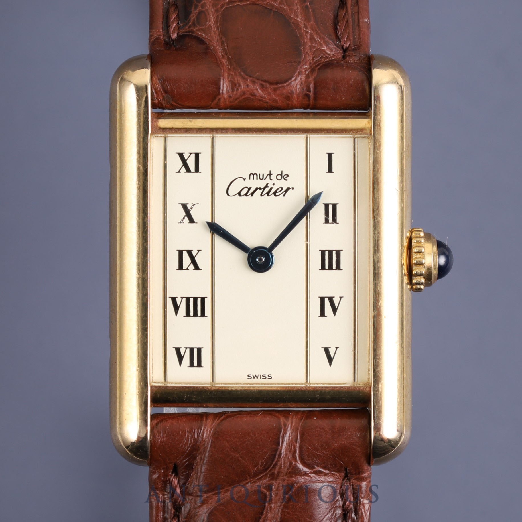 Cartier Must Tank SM1613 Quartz Cal.057 SV925 Leather Genuine Buckle (GP) Straight Roman Dial Overhauled