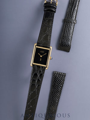 Cartier Must Tank LM 6 Hand-wound Cal.78-1 SV925 Leather Genuine Pin Buckle (GP) Onyx Dial (SWISS marking) with Genuine Leather Strap, Overhauled