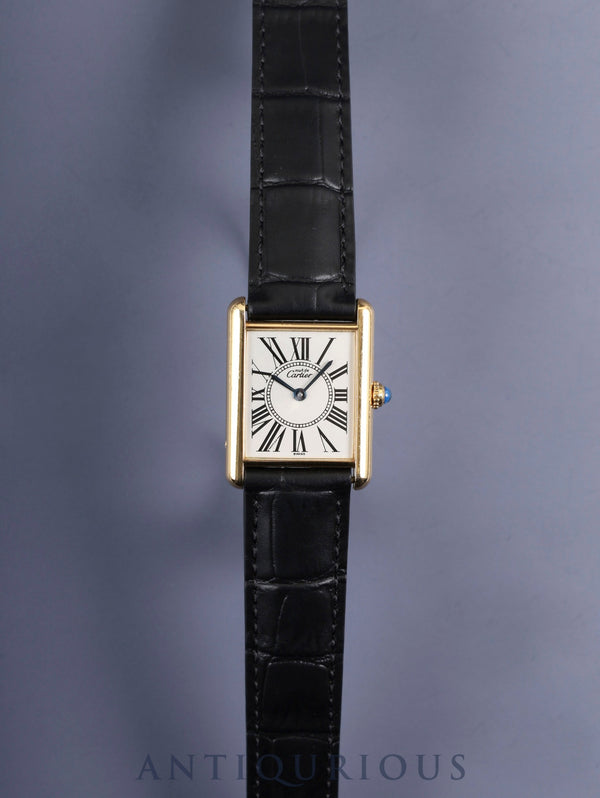 Cartier Must Tank LM W1005554 / 590005 Quartz Caliber 90 SV925 Leather Watch with Genuine D-buckle (GP) Opalescent Dial Overhauled