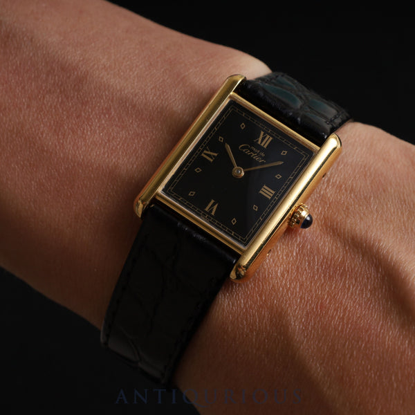 Cartier Must Tank LM 590005 Quartz Cal.90 SV925 Leather Genuine Buckle (GP) Black Roman Dial Overhauled Newly Finished