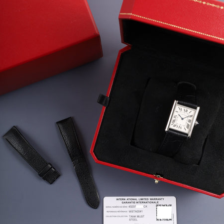 Cartier Tank Must LM WSTA0041 / 4323 Quartz Cal.157 SS Leather Original Pin Buckle (SS) Silver Roman Dial (SWISS MADE marking) Box Warranty (2022) with Original Leather Strap Overhauled