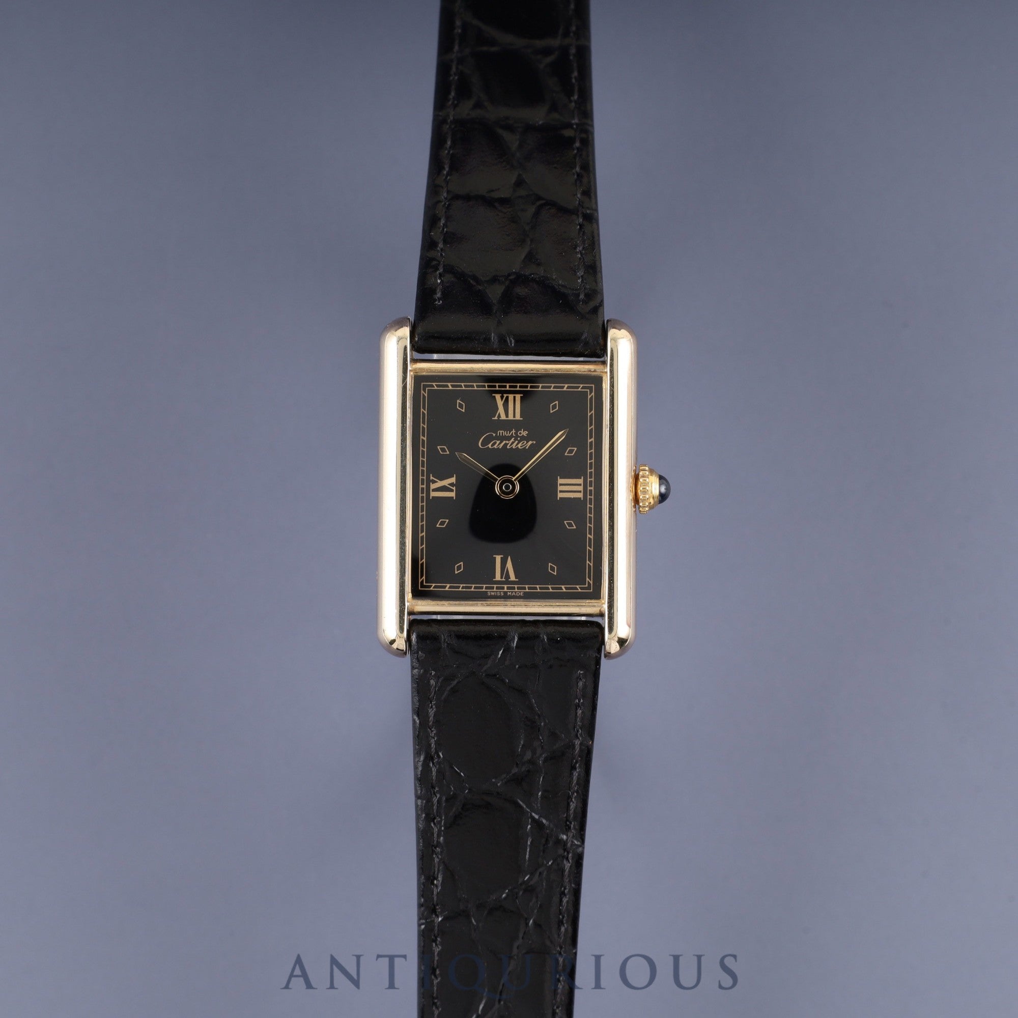 カルティエ マストタンク LM 590005 クォーツ Cal.- SV925 革 純正尾錠（GP）ブラック飛びローマン文字盤 1982年頃～1995年頃 カルティエブティックにてコンプリートサービス済み