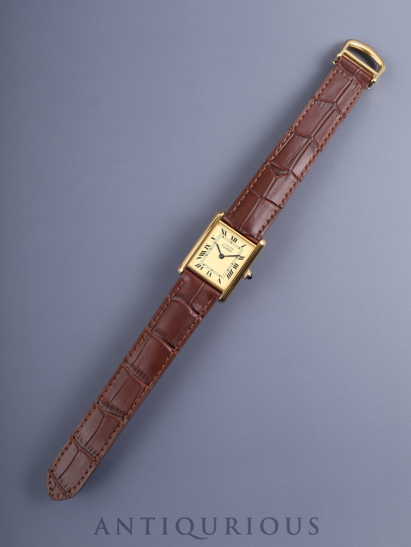 Cartier Must Tank LM W1002754 / 590005 Quartz Caliber 90 SV925 Leather Strap with Genuine D-buckle (GP) Ivory Roman Dial (SWISS Marking) Circa 1982-1995 Box Overhauled