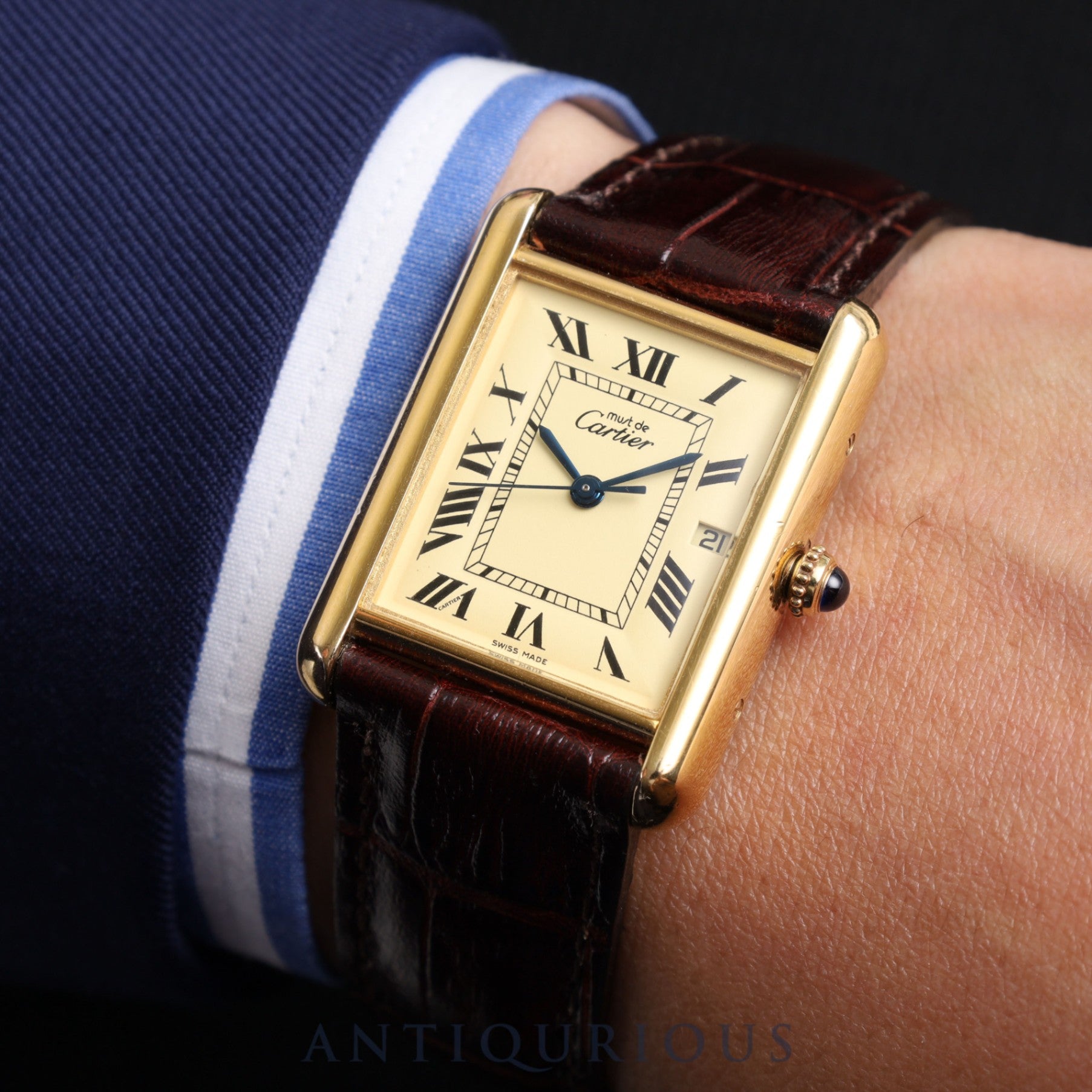 Cartier Must Tank GM (XL) W1017454 / 2413 Quartz Cal.687 Sv925 Leather Genuine D Buckle (GP) Ivory Roman Dial Box Warranty (2004) Overhauled