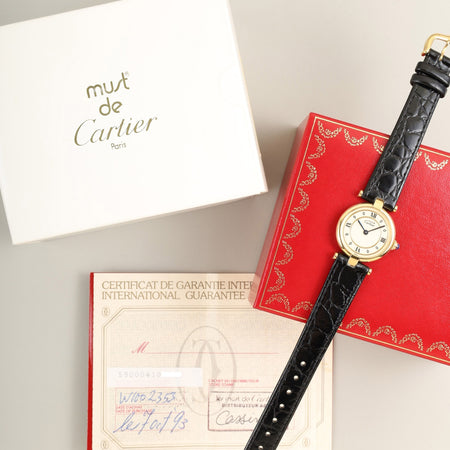 カルティエ マスト ヴァンドーム VLC SM 590004 クォーツ Cal.690 SV925 革 純正尾錠（GP）アイボリー4点ローマン文字盤 箱 冊子 保証書（1993年）オーバーホール済み