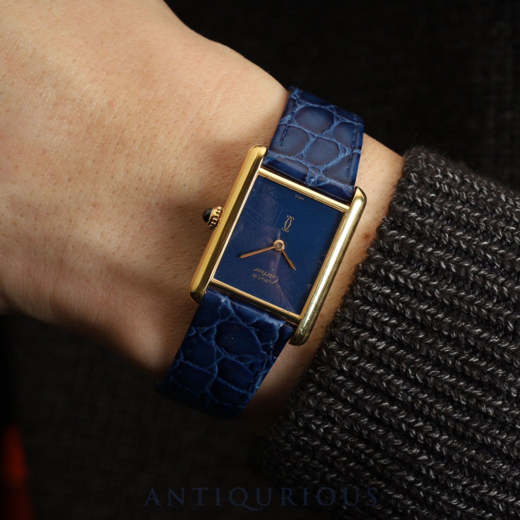 Cartier Must Tank LM Manual Winding Caliber 78-1 SV925 Leather Strap with Genuine GP Buckle, Lapis Lazuli Dial, Circa 1976-1981, Overhauled and Finished to Like New
